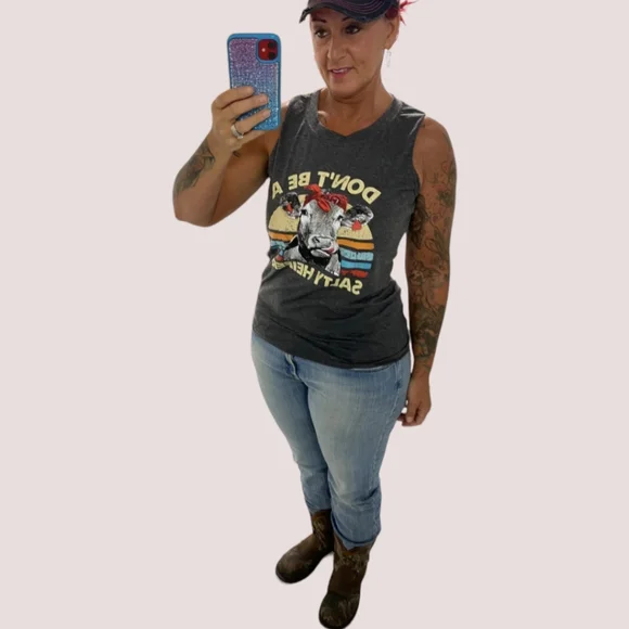 Don't Be A Salty Heifer Dark Graphic Cow Tank Top Cotton Blend - Picture 4 of 7